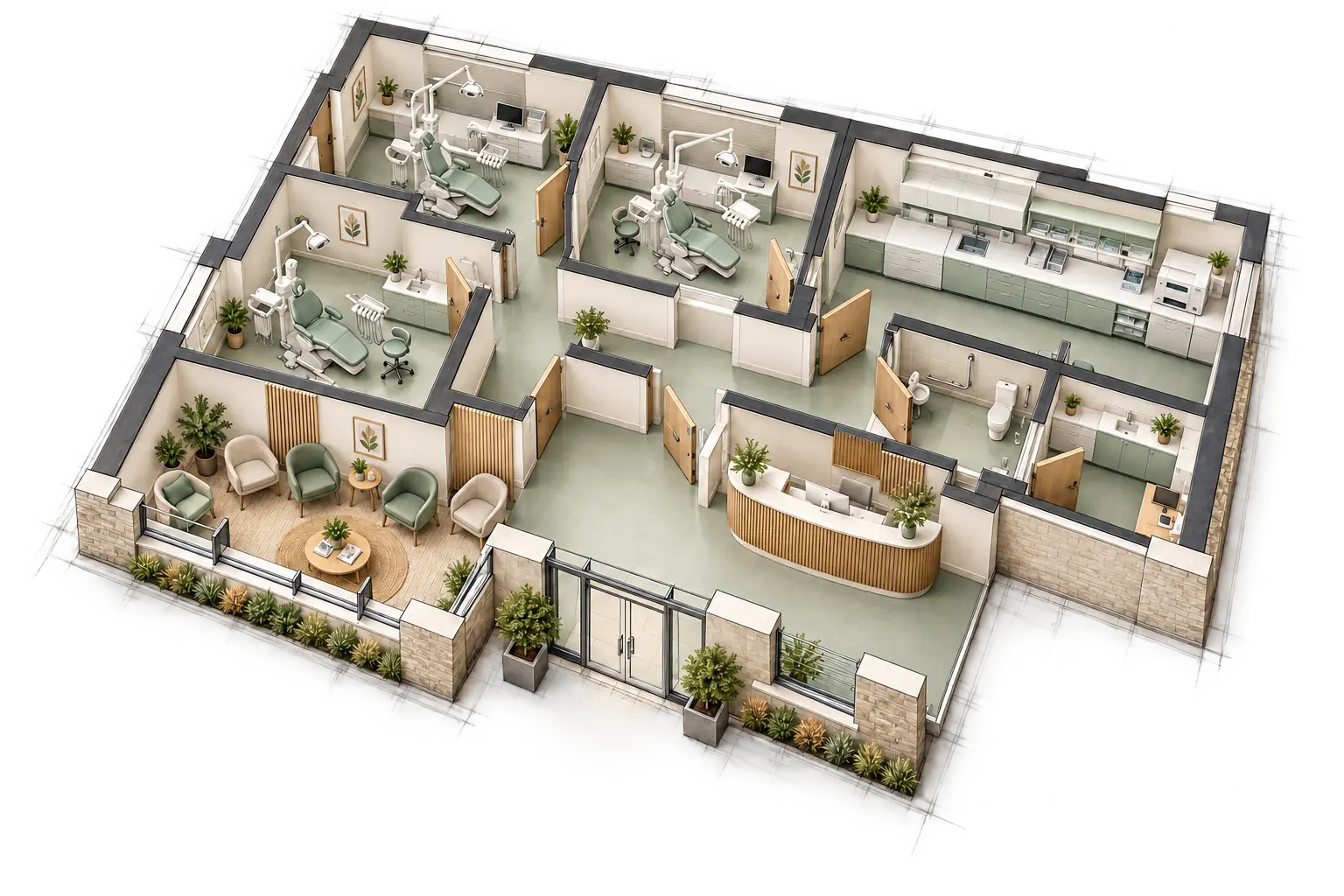 Detailed architectural concept cutaway of a dental practice