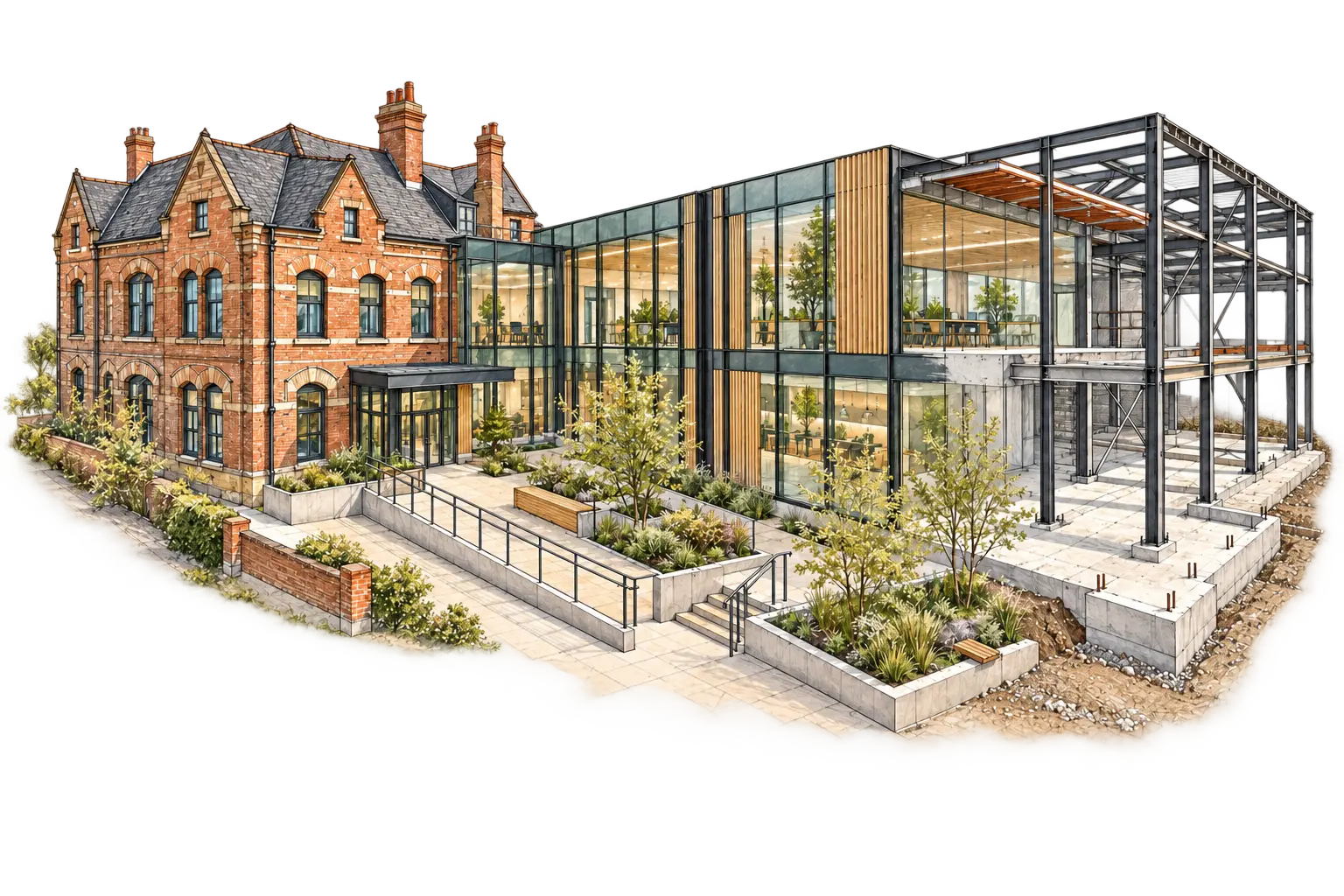 Brick building with a proposed glazed extension