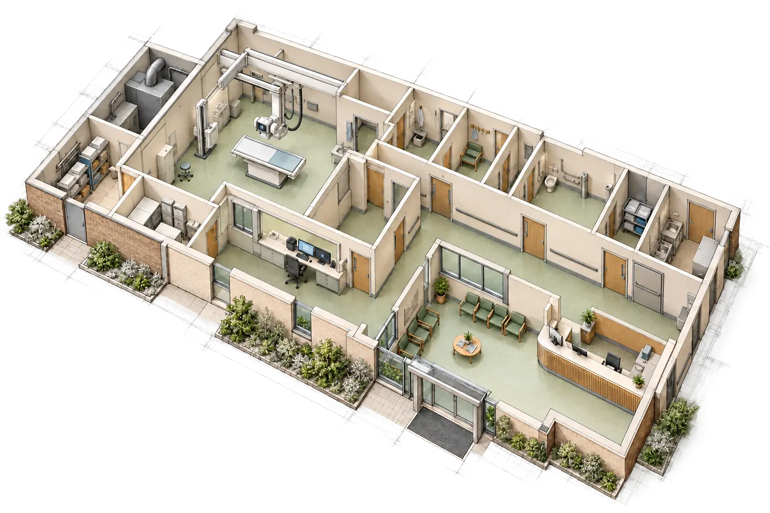 Healthcare building cutaway showing rooms and access