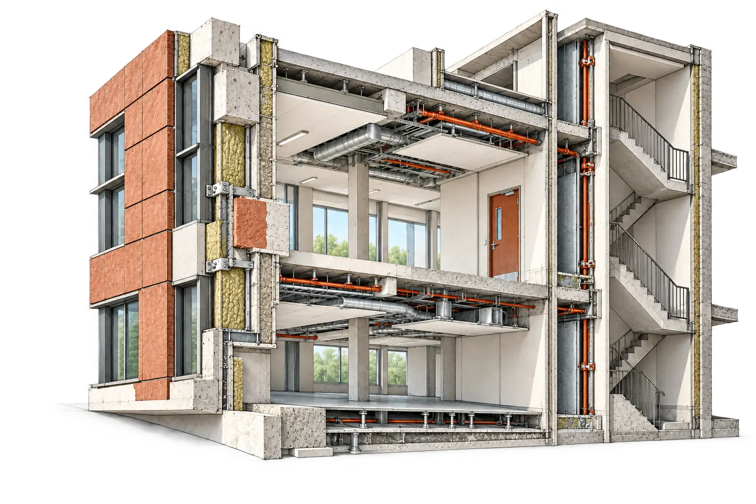 Building section showing walls, services and fire stairs