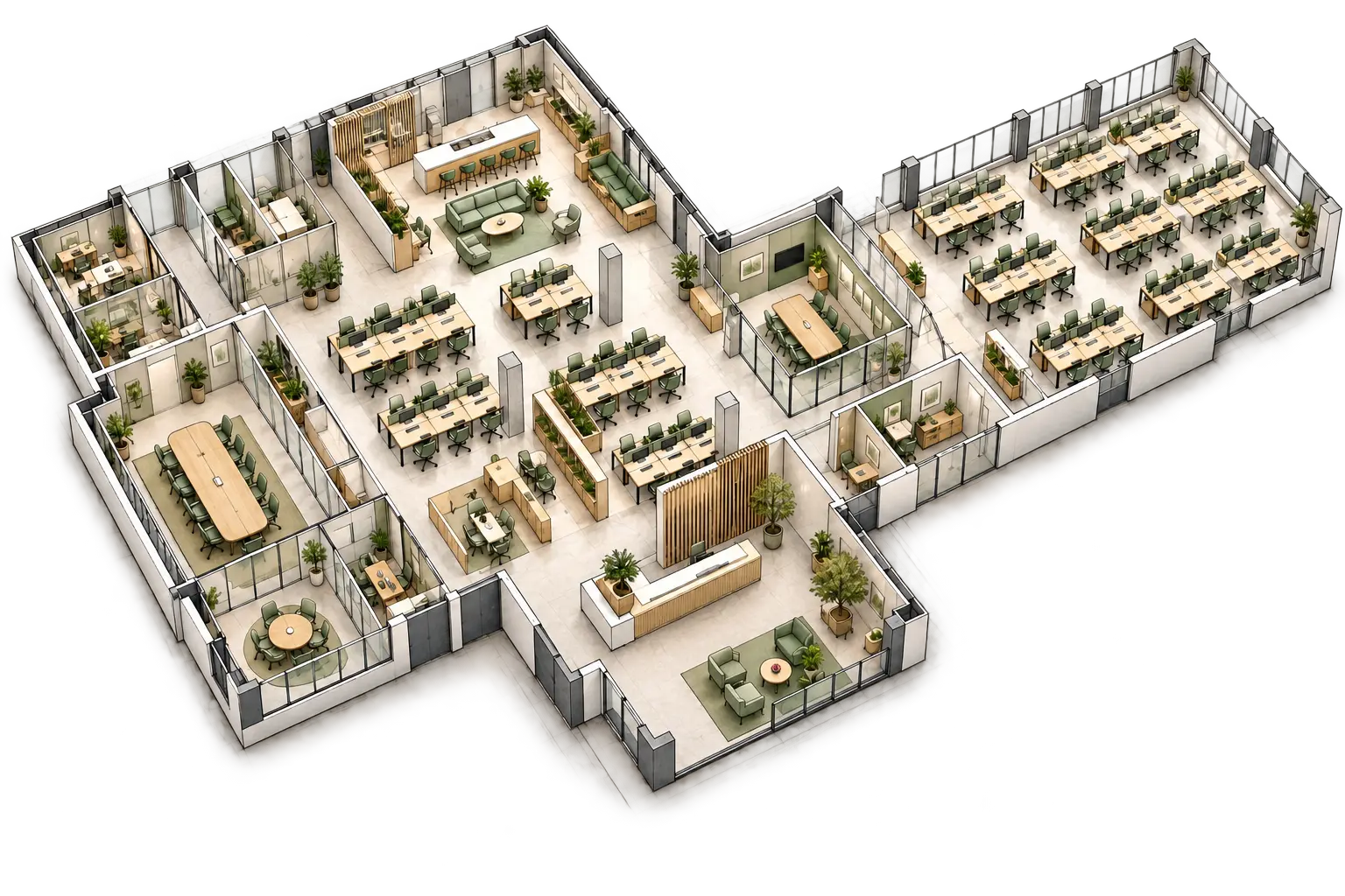 Office cutaway with desks, meeting rooms and new partitions
