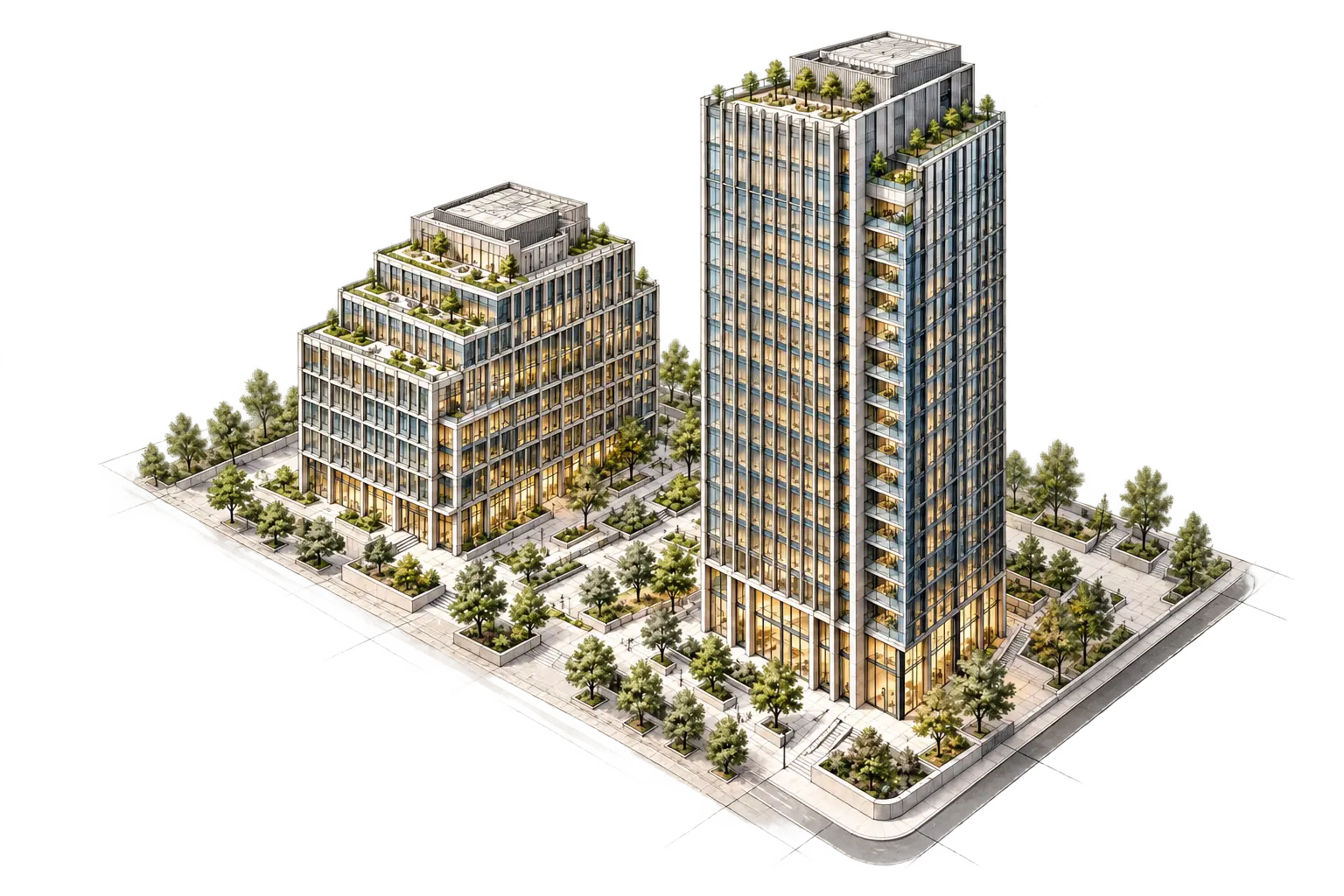 Architectural study of two office towers over layered site plans