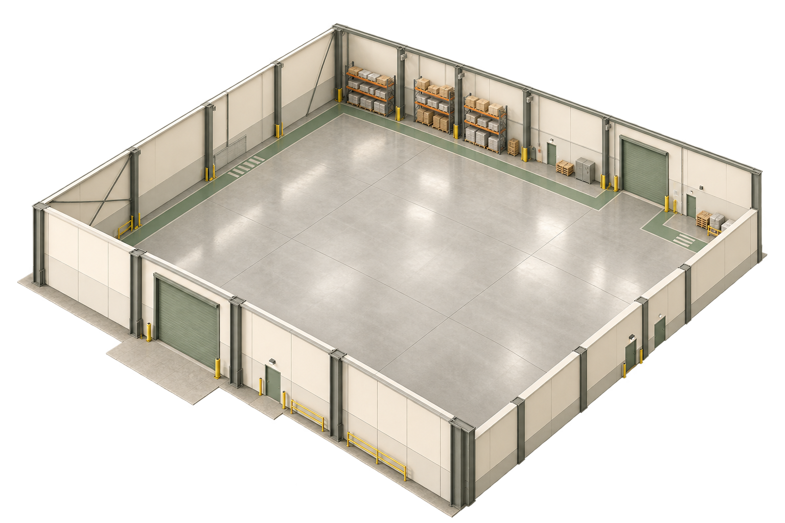Warehouse cutaway showing a concrete floor and marked walkways