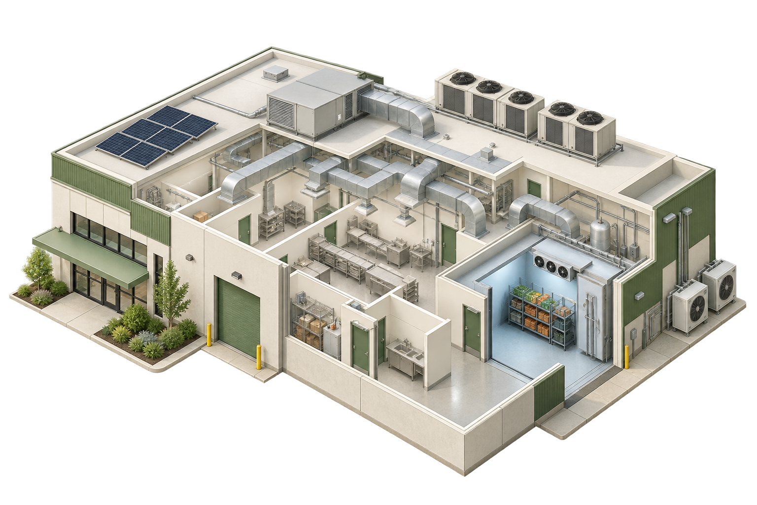 Building cutaway with air handling units, cold storage and rooftop solar