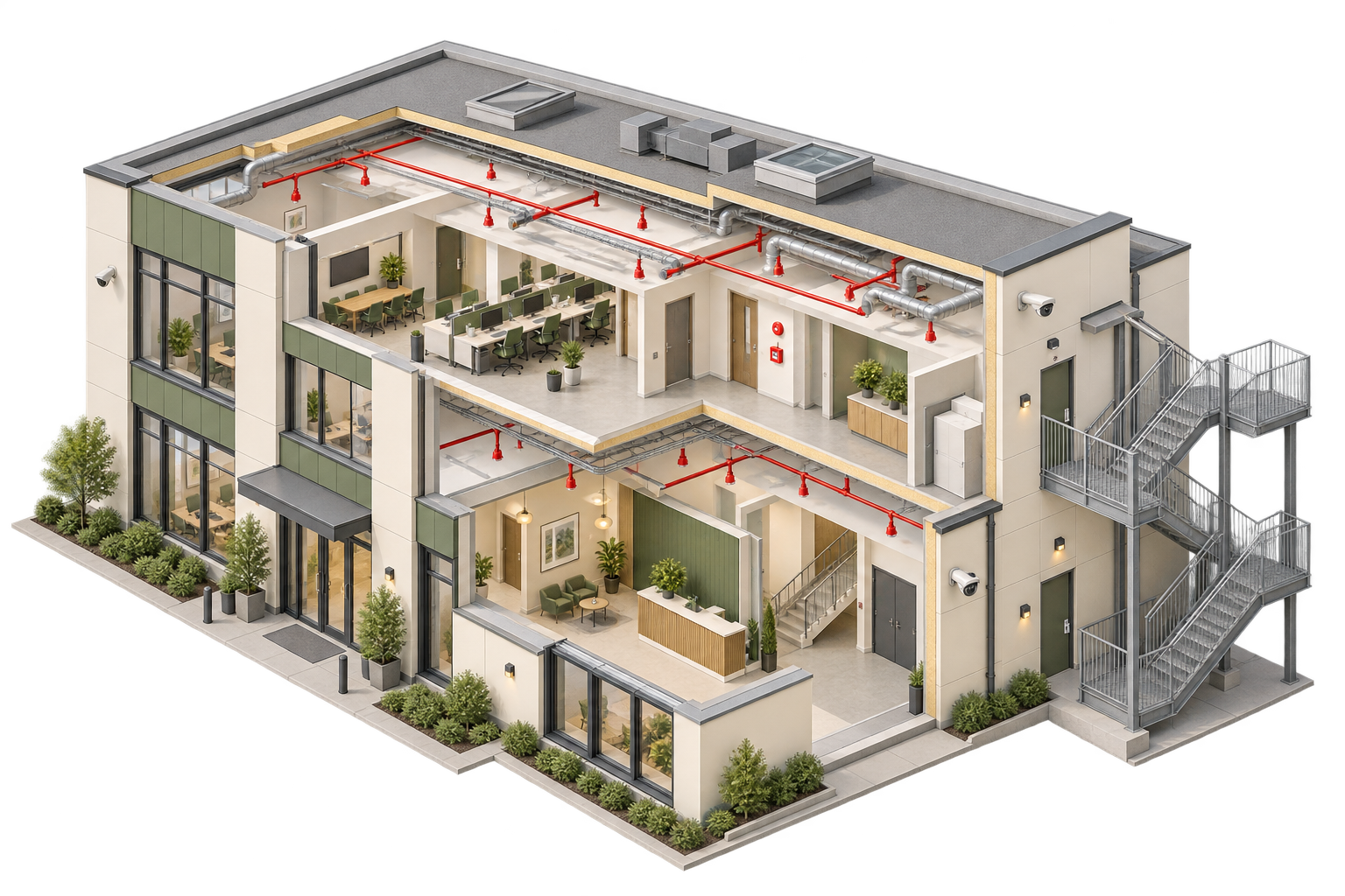 Building cutaway showing fire and security systems